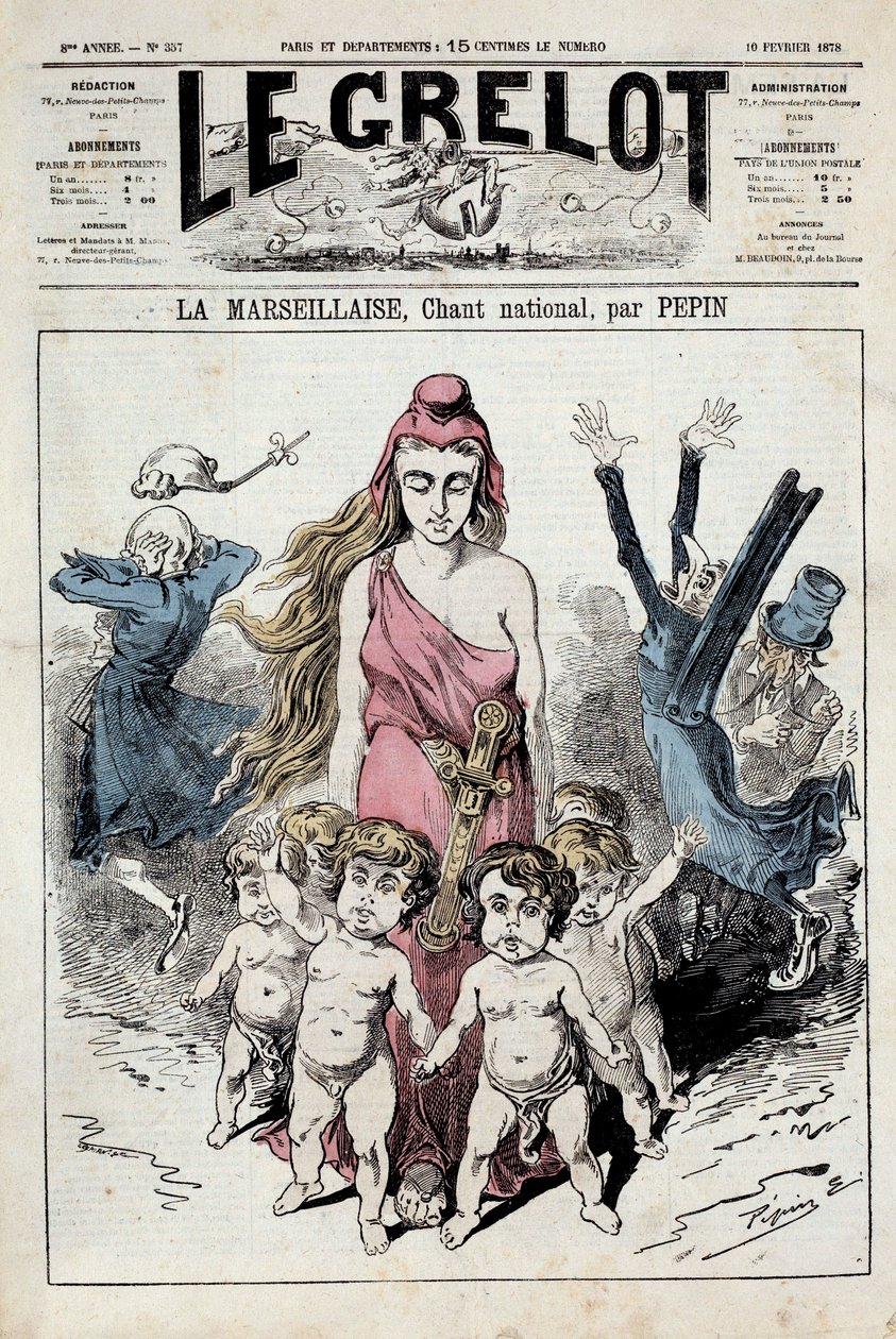 Um dos "sinos" representando uma alegoria do hino nacional "La Marseillaise" avançando enquanto os nobres entupem os ouvidos enquanto fogem. Ilustração de Pepin. 10/02/1878. Coleção Particular de Pepin