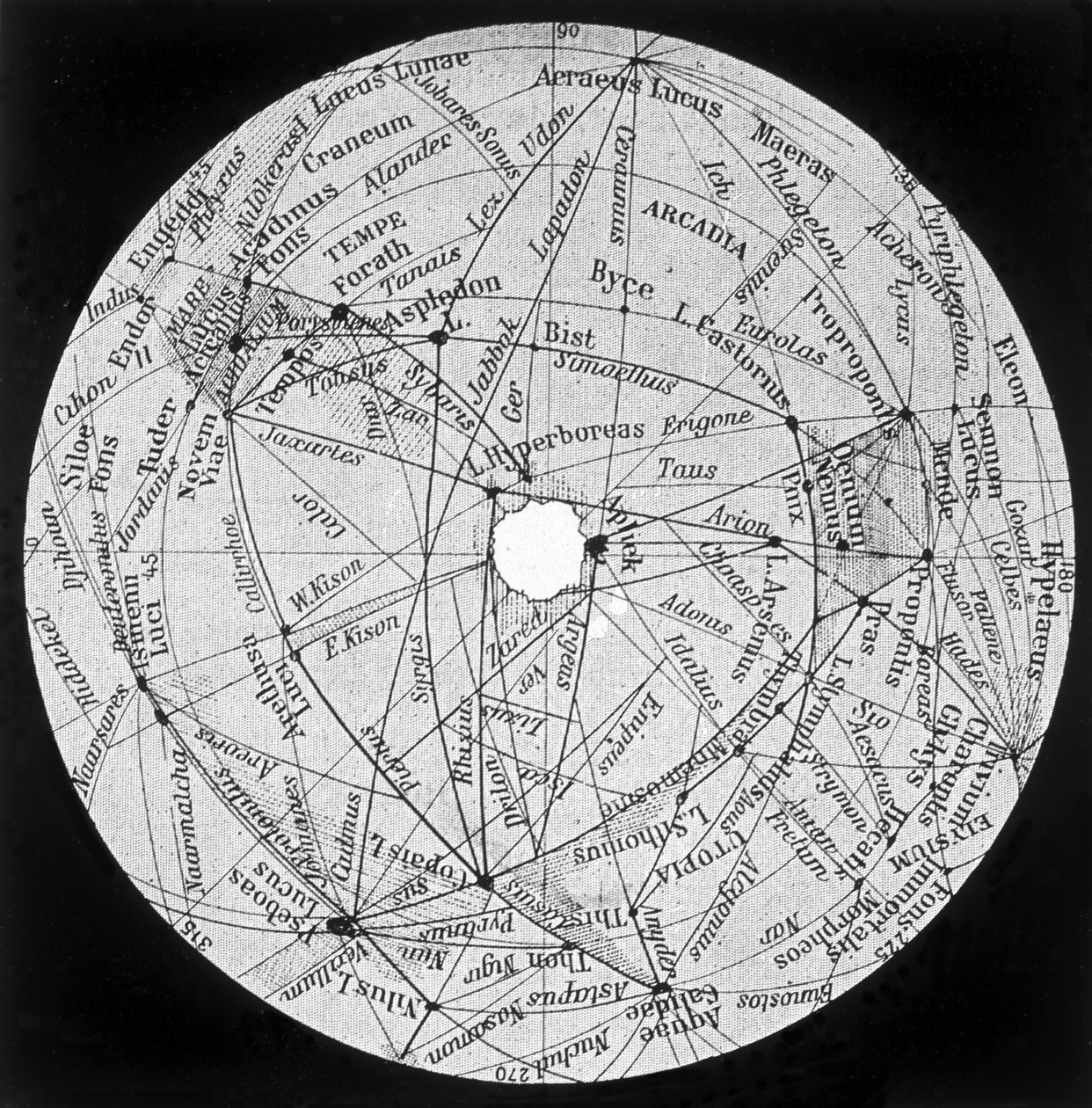 Marte: canais e oásis segundo o mapa de P. Lowell - em "The Sky", de Alphonse Berget, Larousse de Percival (after) Lowell