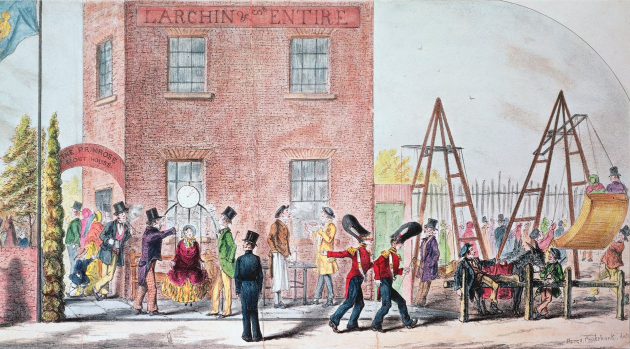 Feira (Swings) na Taverna Primrose, Chalk Farm (impressão) de Percy Cruikshank