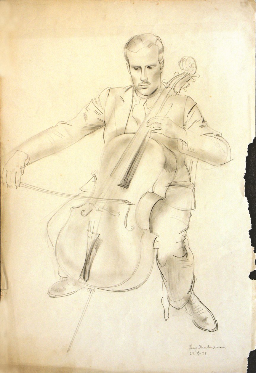 Retrato de Arthur Kemp tocando violoncelo, 1935 (lápis e giz sobre papel) de Percy Shakespeare