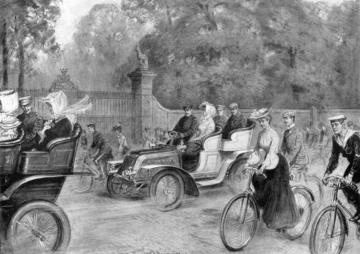 Motores e ciclos em Kensington High Street, Londres, 1903 de Percy F.S. Spence