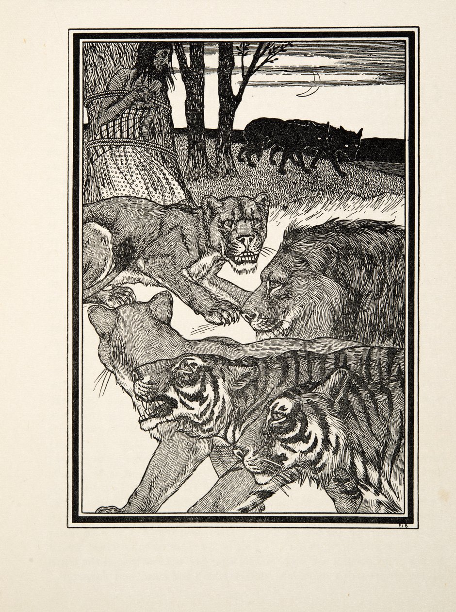 A Grateful Lioness, de A Hundred Anecdotes of Animals, pub. 1924 (gravura) de Percy J. Billingshurst