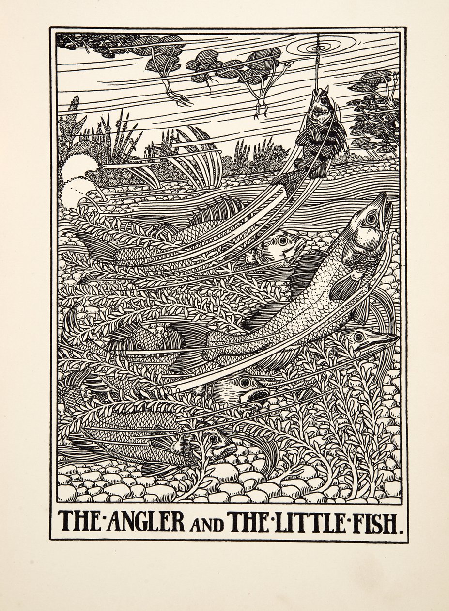 The Angler and the Little Fish, de A Hundred Fables of Aesop, pub.1903 (gravura) de Percy J. Billingshurst