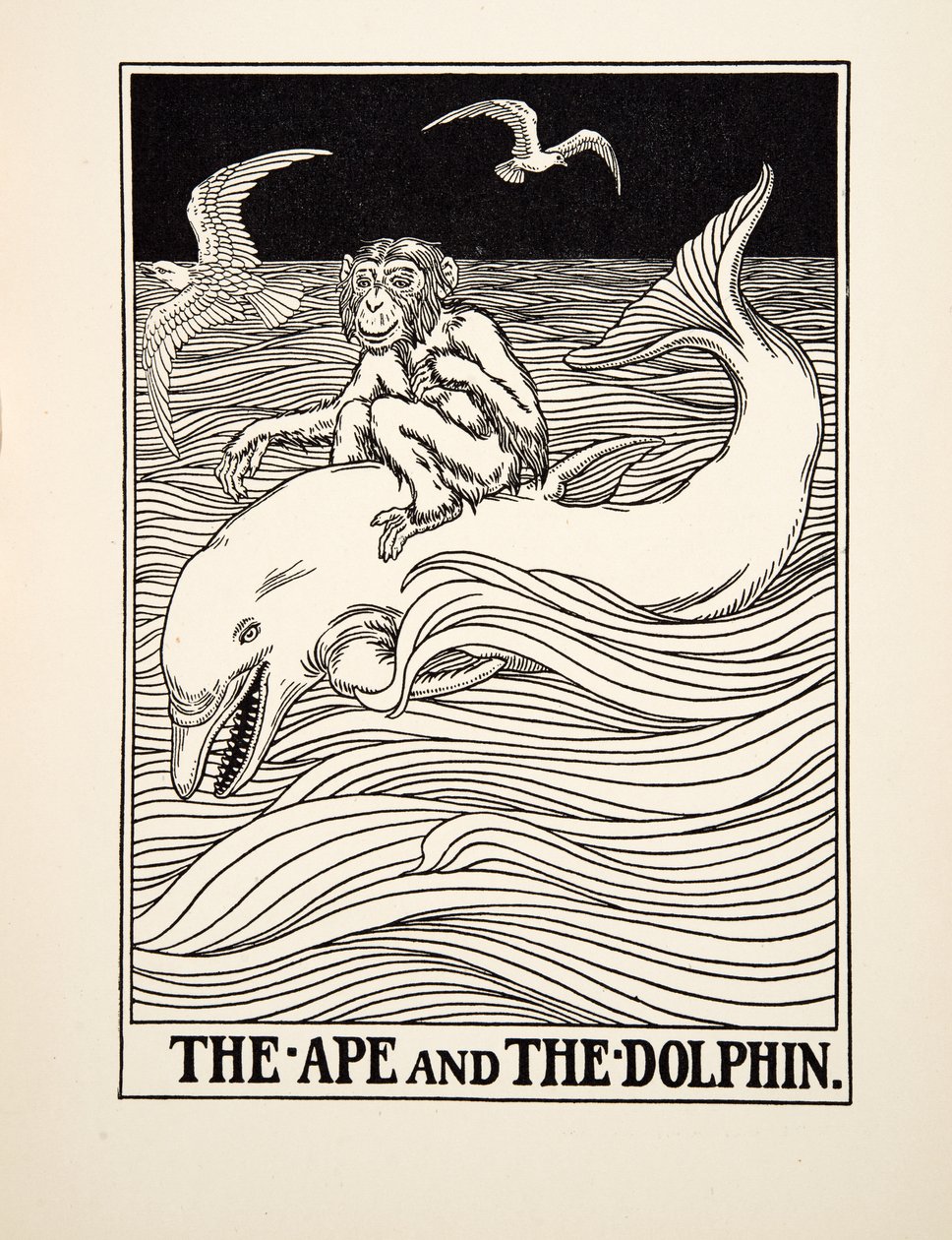 O macaco e o golfinho, de cem fábulas de Esopo, pub.1903 de Percy J. Billingshurst