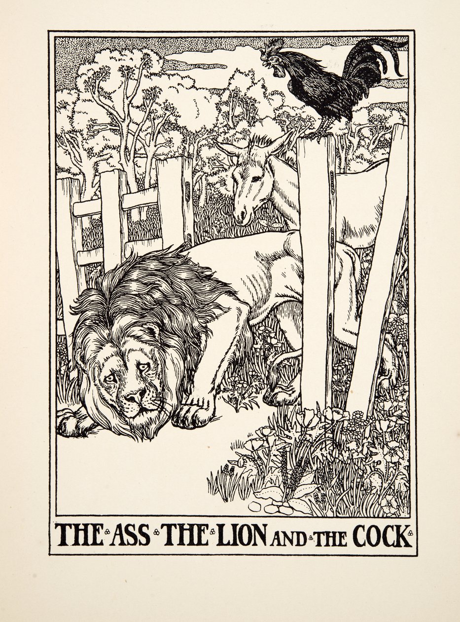O burro, o leão e o galo, de cem fábulas de Esopo, pub.1903 de Percy J. Billingshurst
