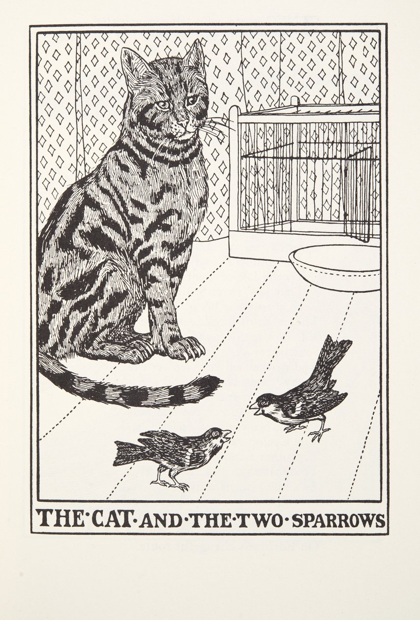 O Gato e os Dois Pardais, de Fontaine Fables, pub. 1905 de Percy J. Billingshurst