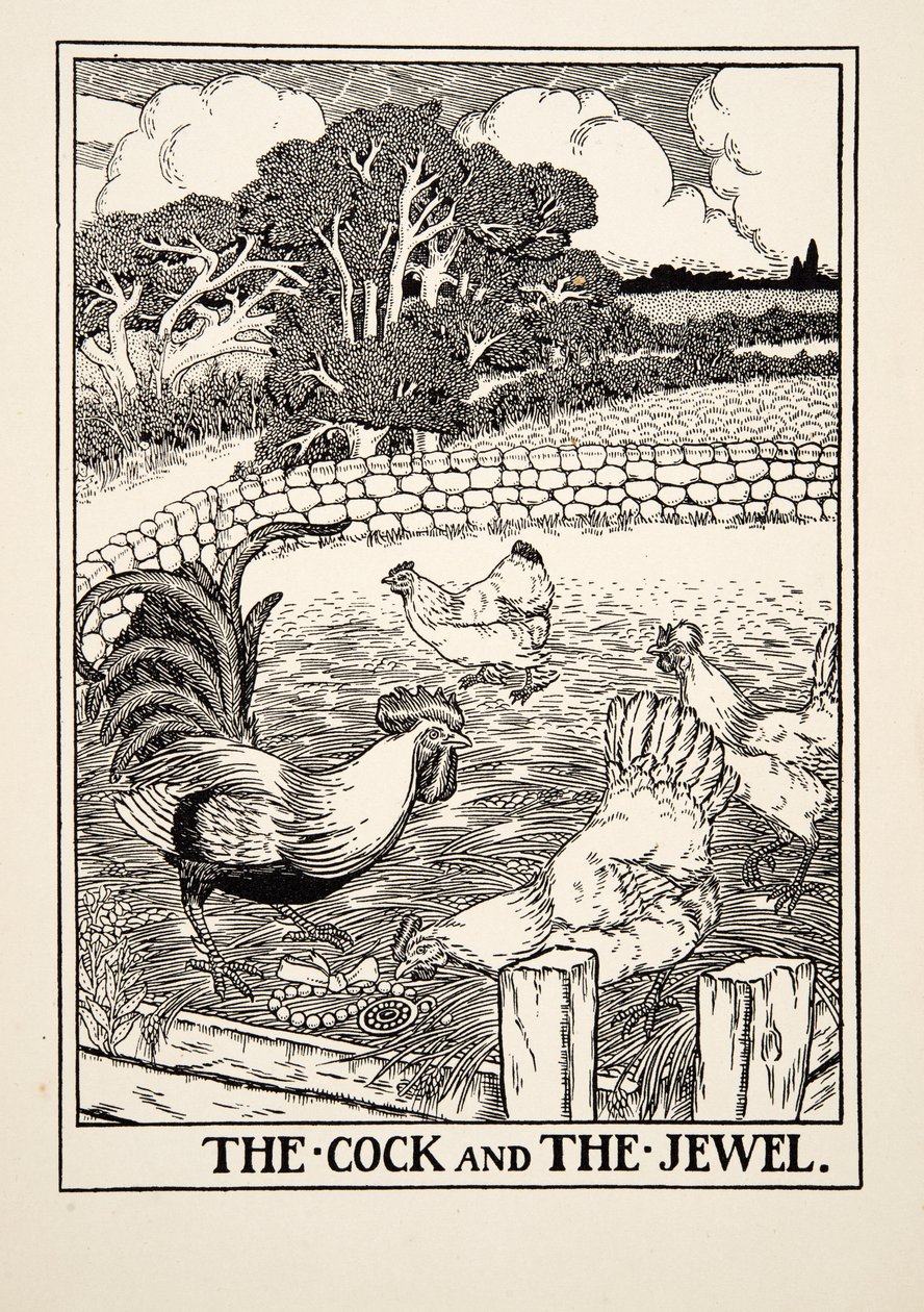 O galo e a jóia, de cem fábulas de Esopo, pub.1903 de Percy J. Billingshurst
