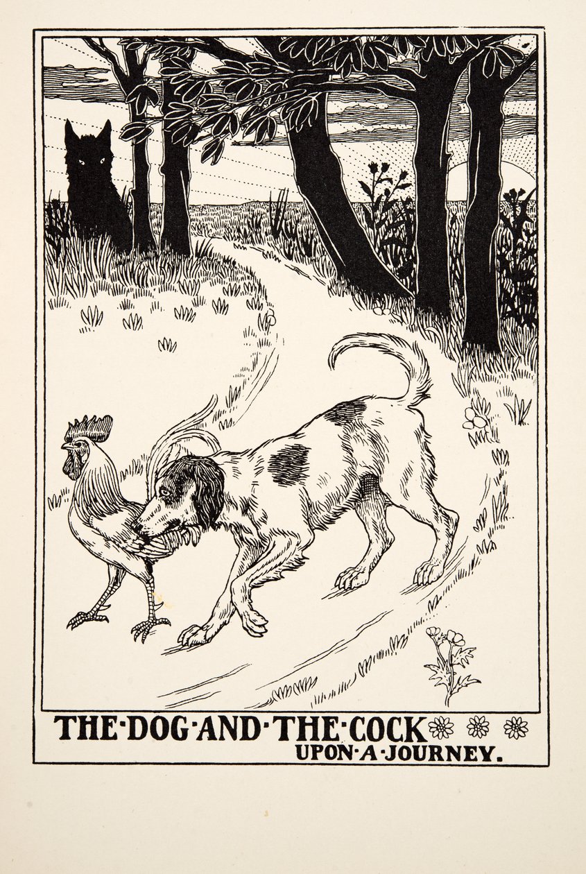 O cão e o galo em uma jornada, de cem fábulas de Esopo, pub.1903 de Percy J. Billingshurst