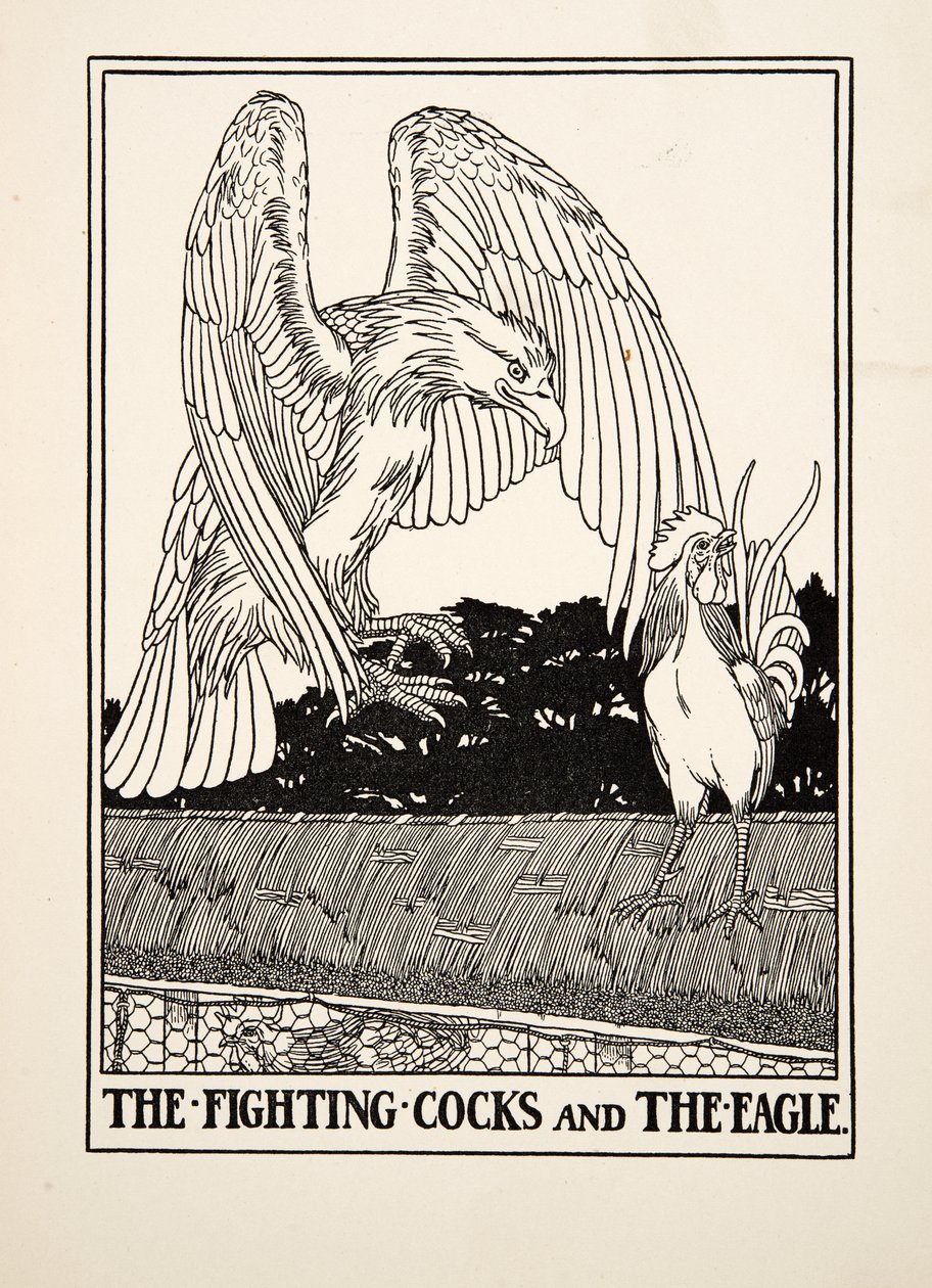 Os galos de combate e a águia, de cem fábulas de Esopo, pub.1903 de Percy J. Billingshurst