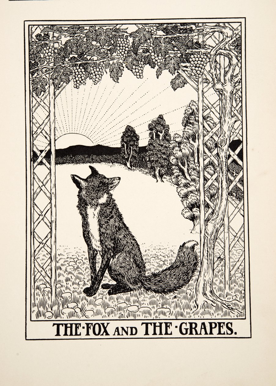 A raposa e as uvas, de cem fábulas de Esopo, pub.1903 de Percy J. Billingshurst