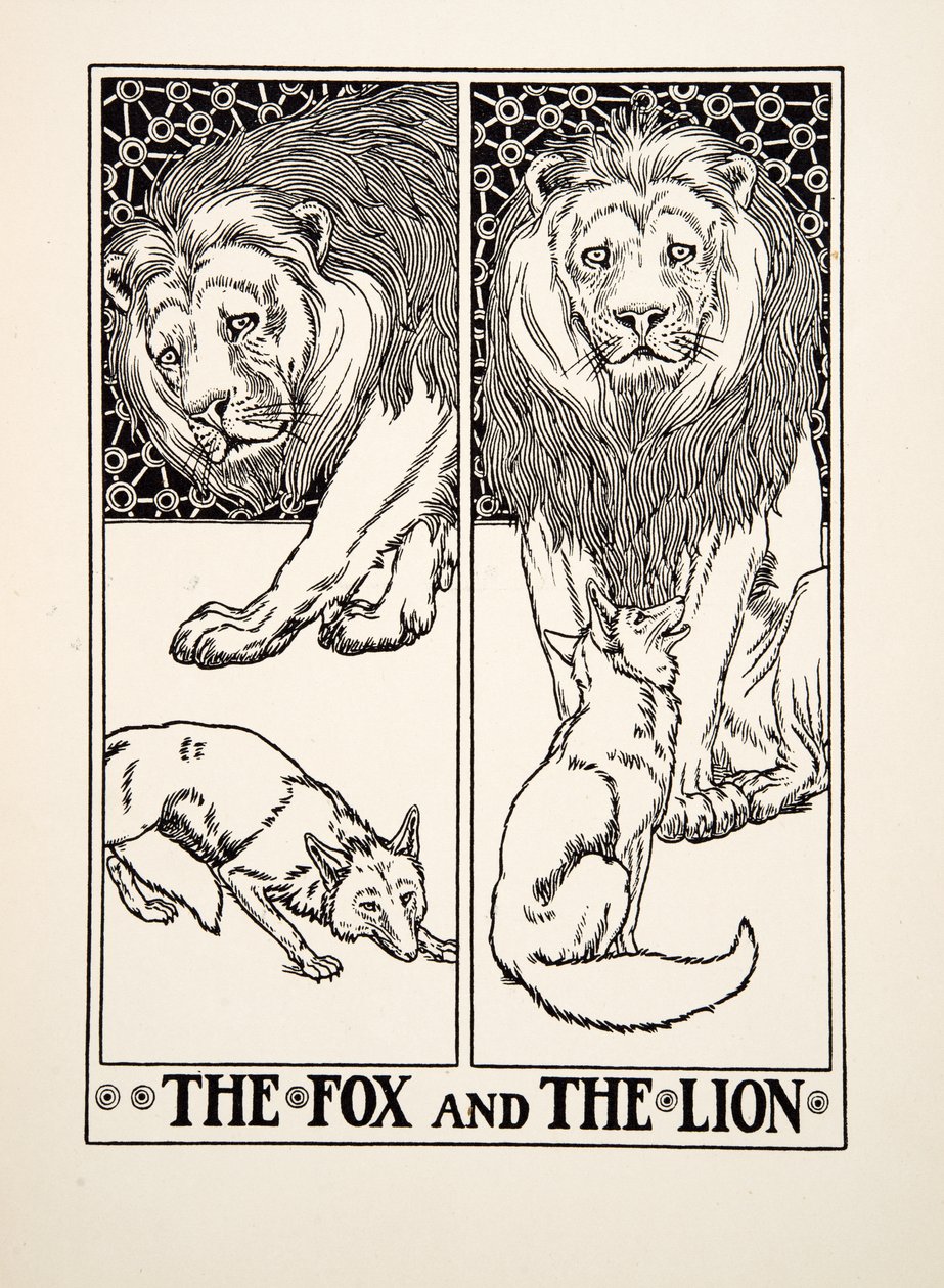 The Fox and the Lion, de A Hundred Fables of Aesop, pub.1903 (gravura) de Percy J. Billingshurst