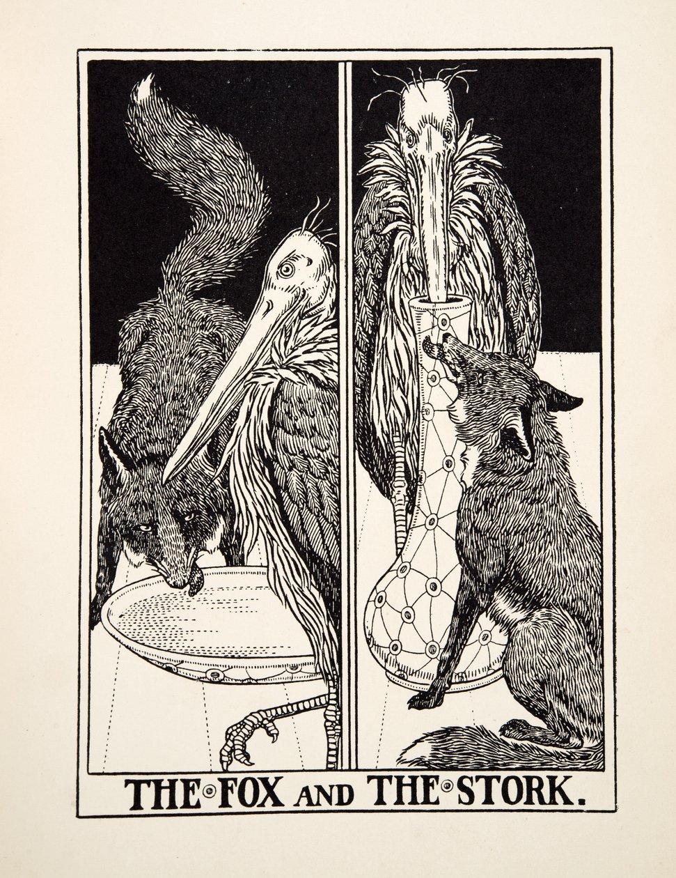 A raposa e a cegonha, de cem fábulas de Esopo, pub.1903 de Percy J. Billingshurst