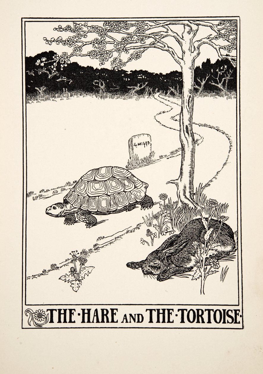 A Lebre e a Tartaruga, de Cem Fábulas de Esopo, pub.1903 de Percy J. Billingshurst