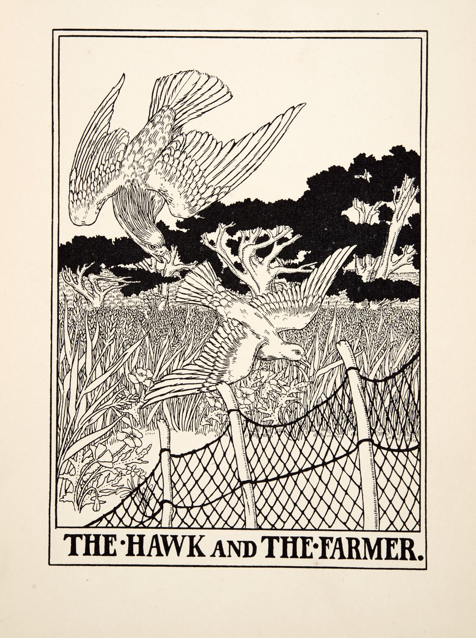 The Hawk and the Farmer,de A Hundred Fables of Aesop, pub.1903 (gravura) de Percy J. Billingshurst