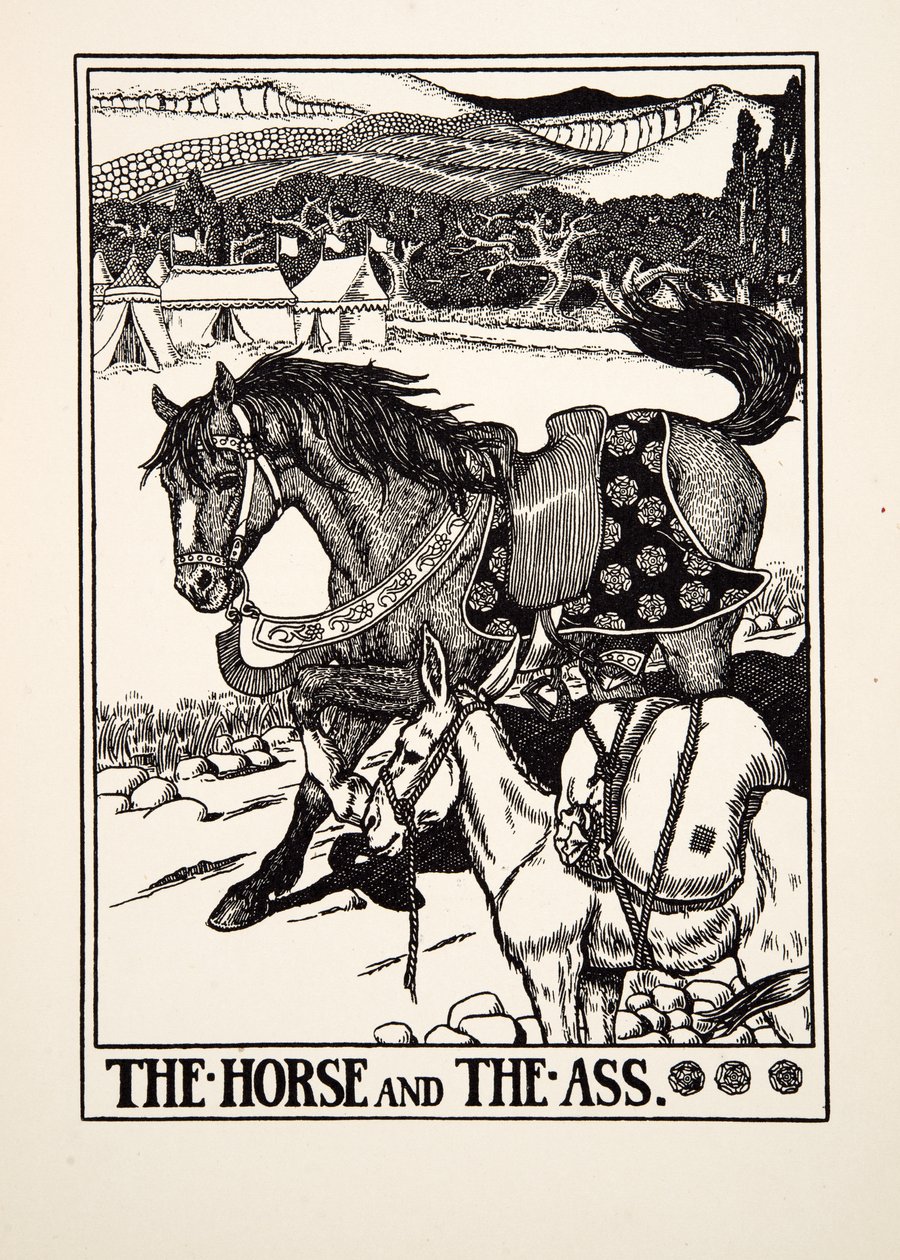 O cavalo e o burro, de cem fábulas de Esopo, pub.1903 de Percy J. Billingshurst
