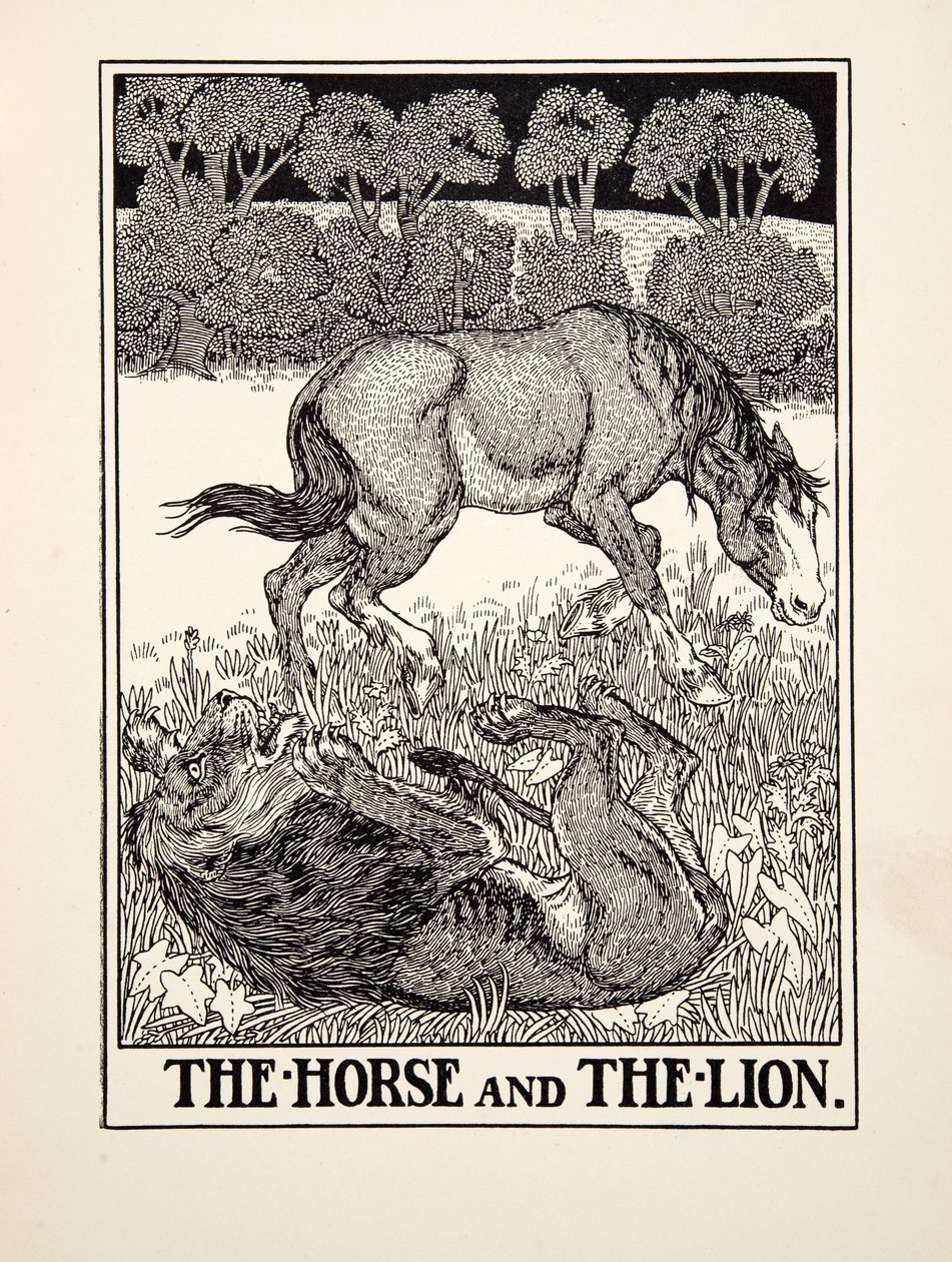 O cavalo e o leão, de cem fábulas de Esopo, pub.1903 de Percy J. Billingshurst