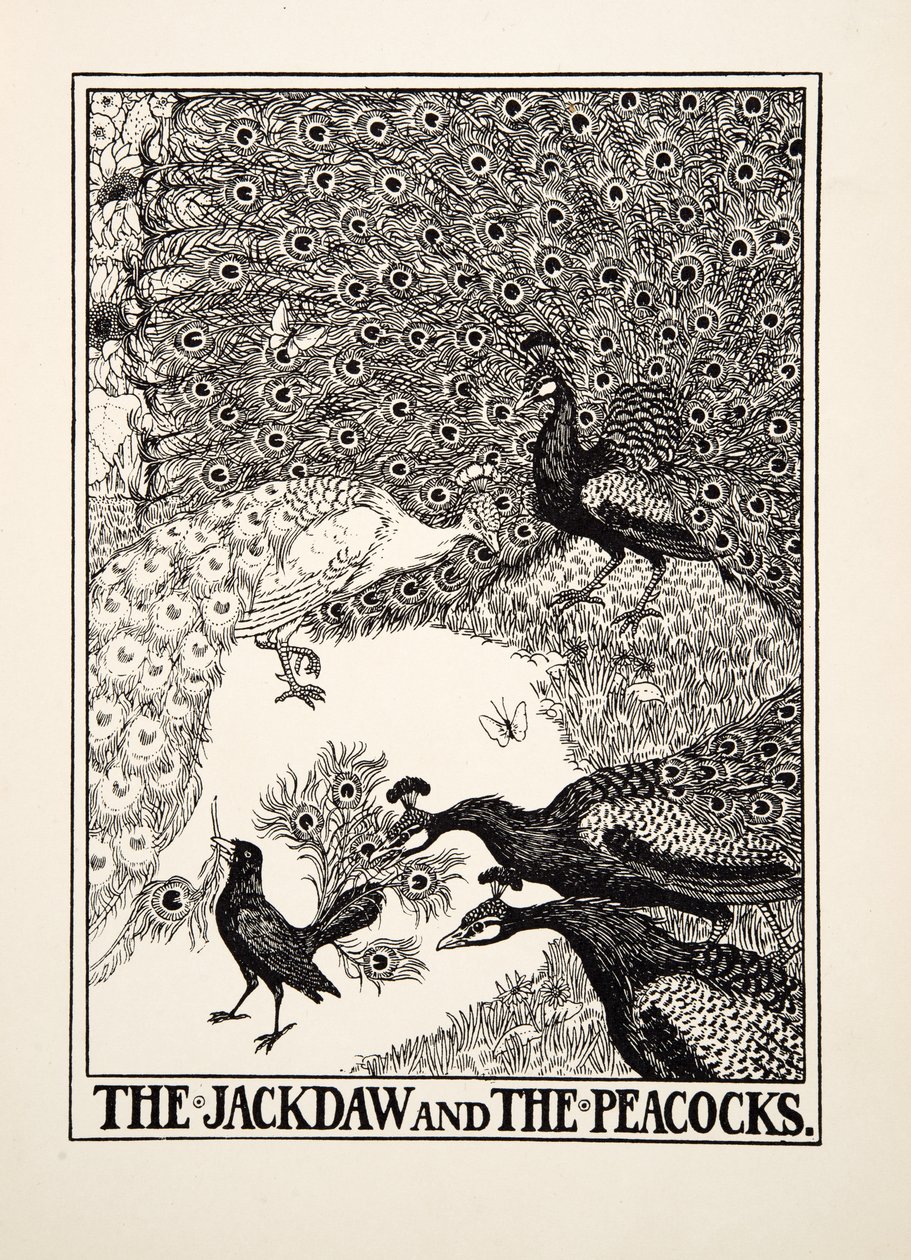 A gralha e os pavões, de cem fábulas de Esopo, pub.1903 de Percy J. Billingshurst