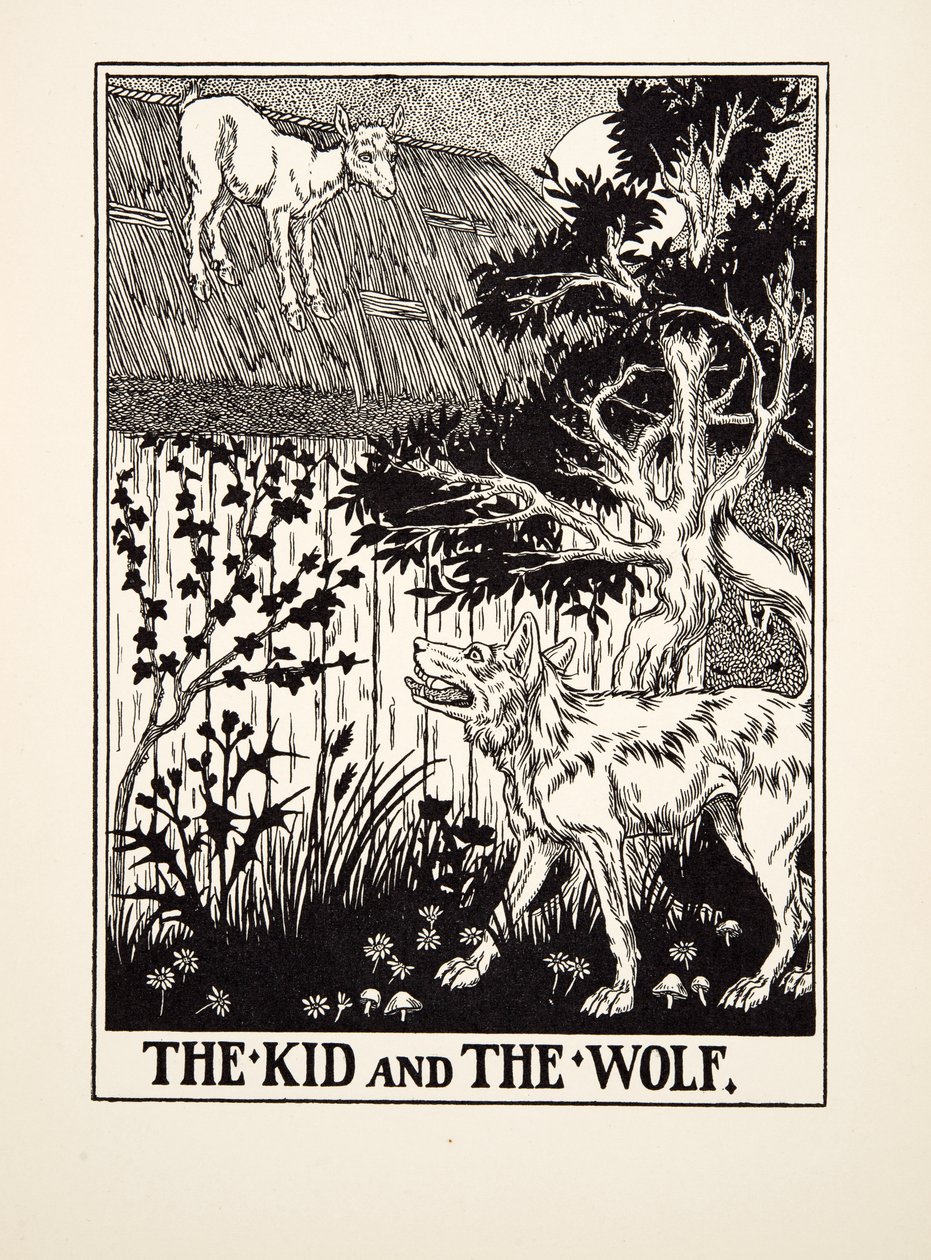 O garoto e o lobo, de cem fábulas de Esopo, pub.1903 de Percy J. Billingshurst