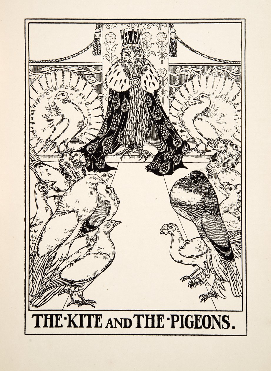 O papagaio e os pombos, de cem fábulas de Esopo, pub.1903 de Percy J. Billingshurst