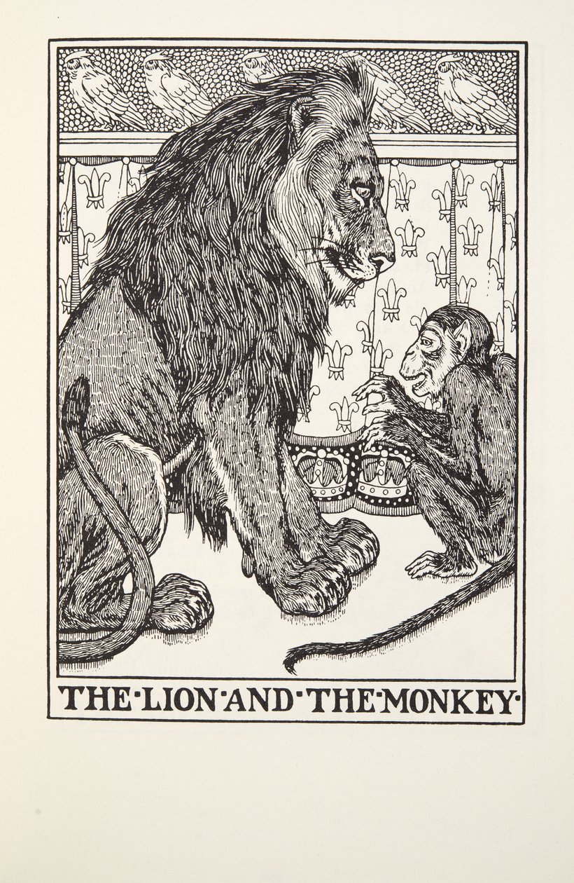 O Leão e o Macaco, de Fontaine Fables, pub. 1905 de Percy J. Billingshurst