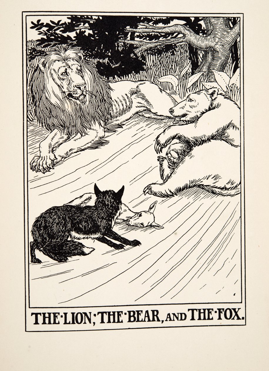 O Leão, o Urso e a Raposa, de Cem Fábulas de Esopo, pub.1903 de Percy J. Billingshurst