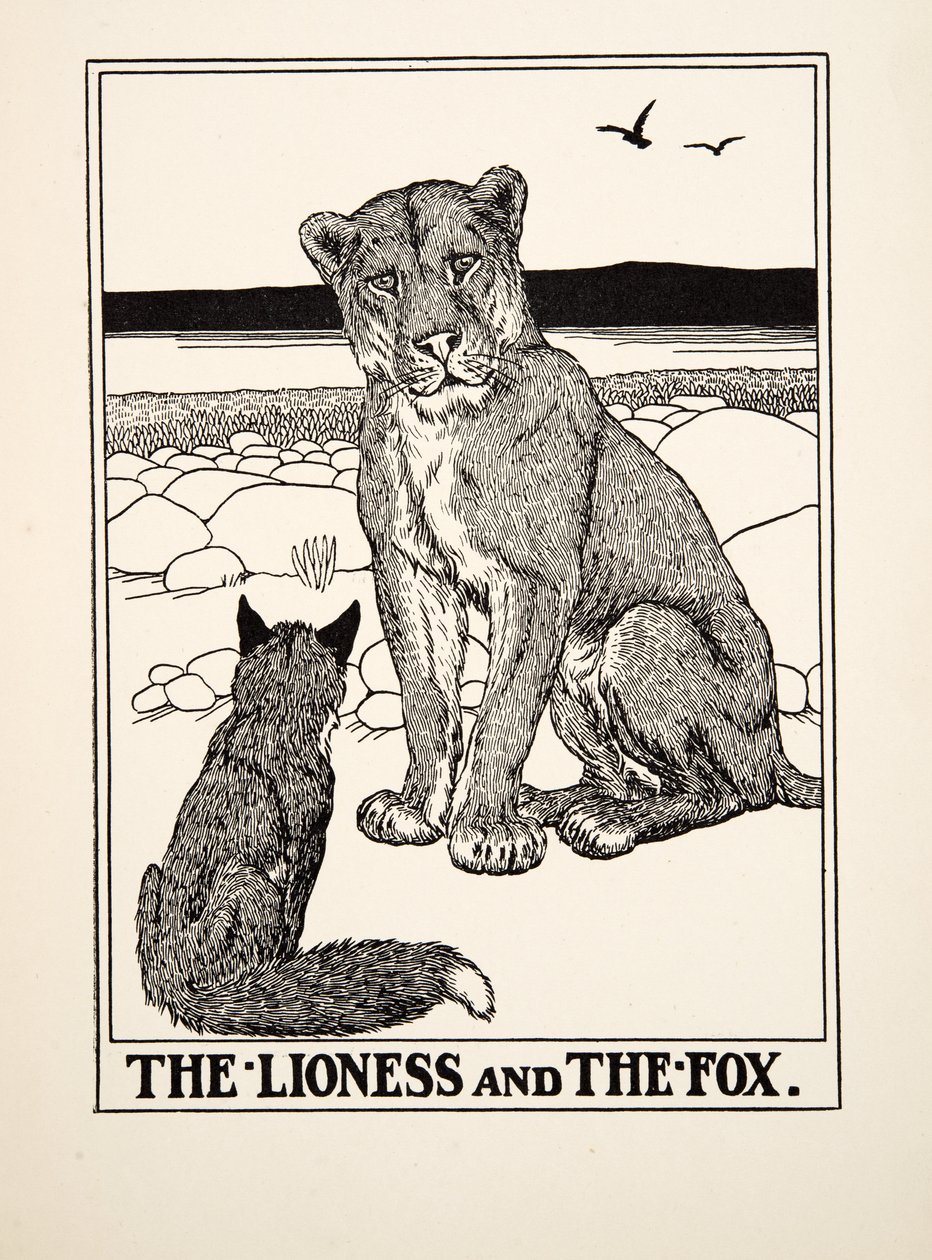 A leoa e a raposa, de cem fábulas de Esopo, pub.1903 de Percy J. Billingshurst