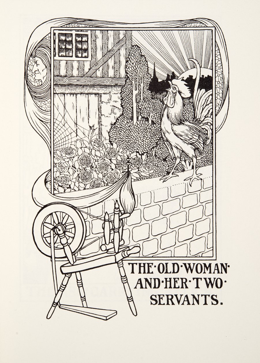 A Velha Mulher e os seus Dois Servos, de Fontaine Fables, pub. 1905 (gravura) de Percy J. Billingshurst