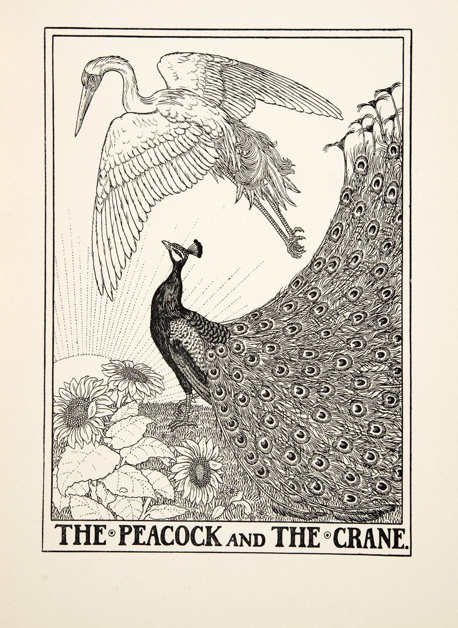 O pavão e o guindaste, de cem fábulas de Esopo, pub.1903 de Percy J. Billingshurst