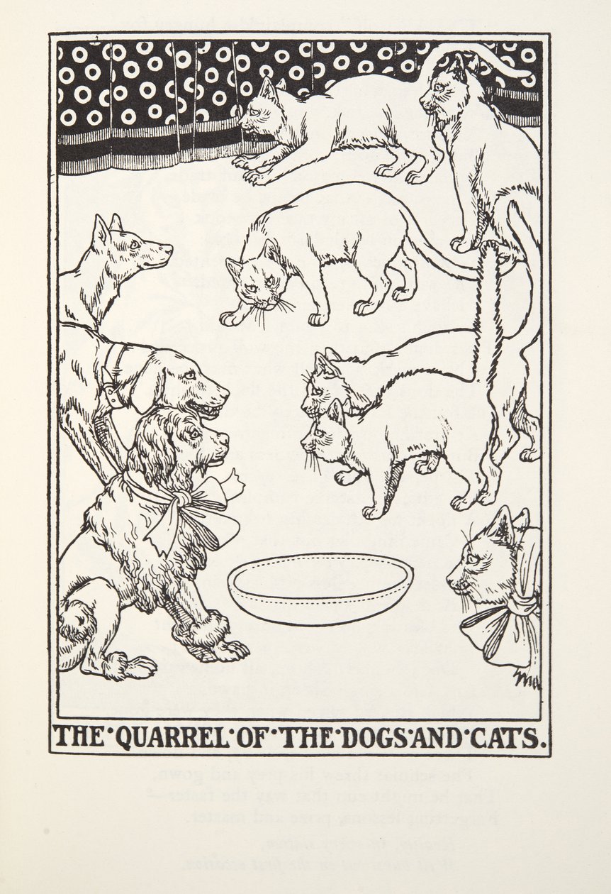 A discussão dos cães e gatos, de fábulas de Fontaine, bar. 1905 de Percy J. Billingshurst