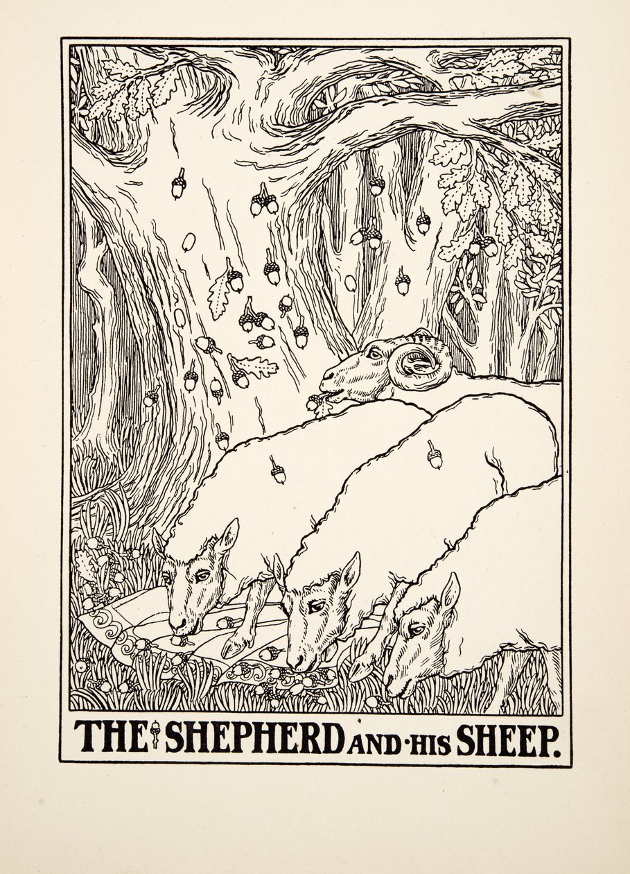 The Shepherd and his Sheep, de A Hundred Fables of Aesop, pub.1903 (gravura) de Percy J. Billingshurst