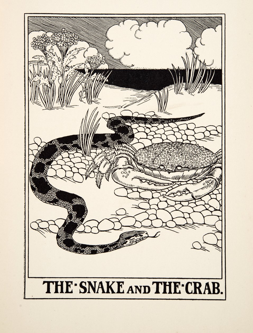 A cobra e o caranguejo, de cem fábulas de Esopo, pub.1903 de Percy J. Billingshurst