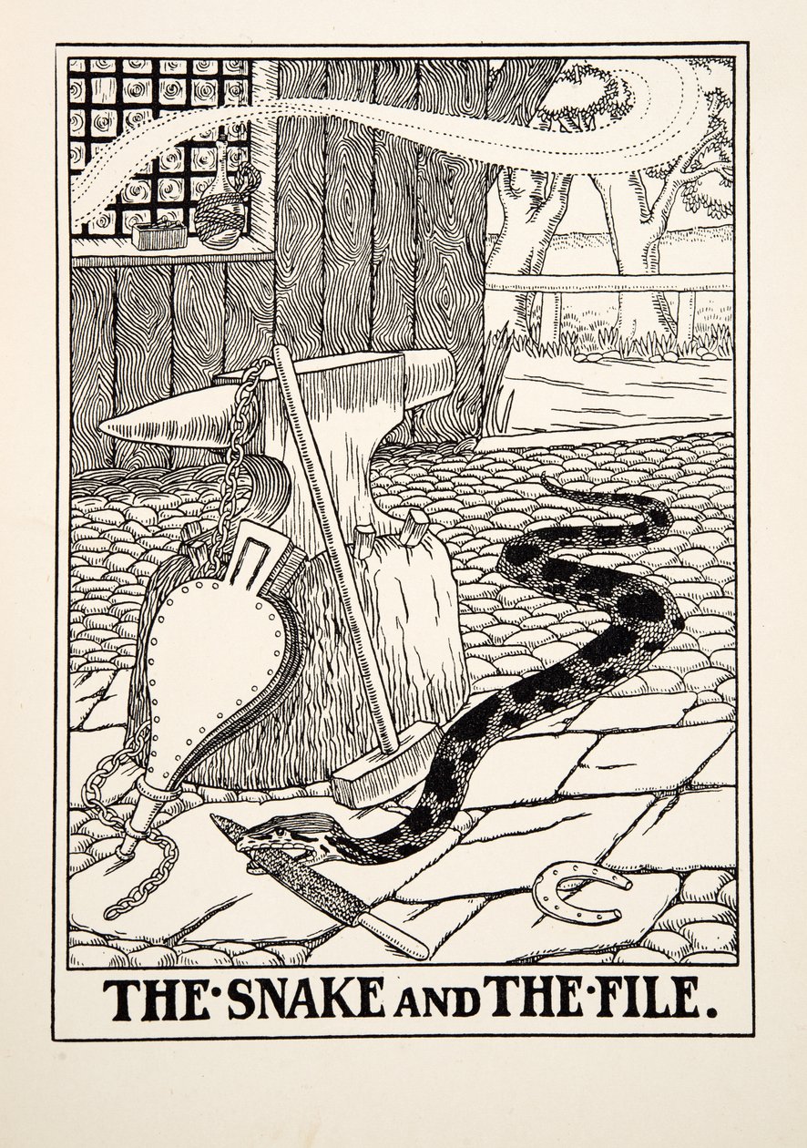 The Snake and the File, from A Hundred Fables of Aesop, pub.1903 (gravura) de Percy J. Billingshurst