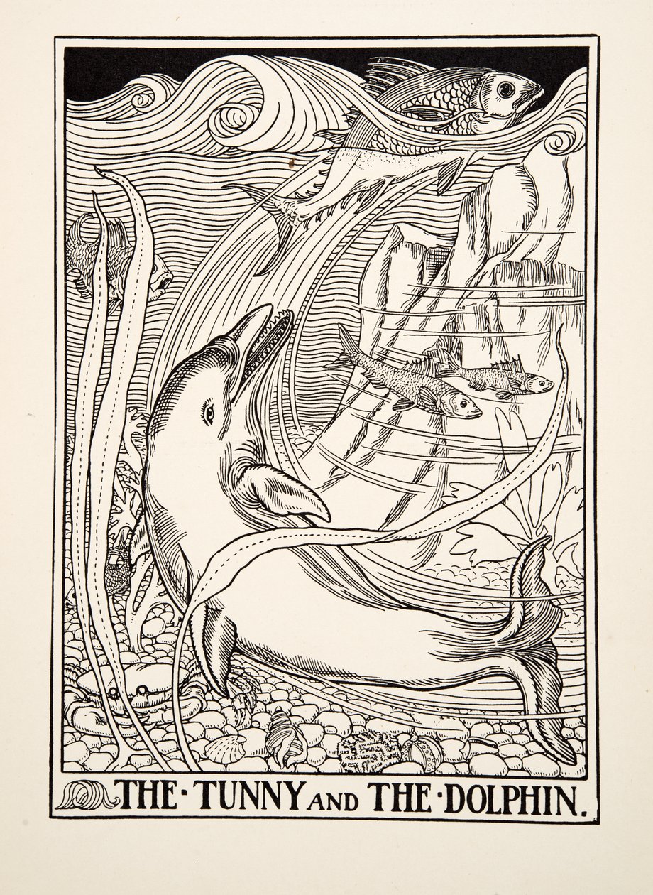 O atum e o golfinho, de cem fábulas de Esopo, pub.1903 de Percy J. Billingshurst