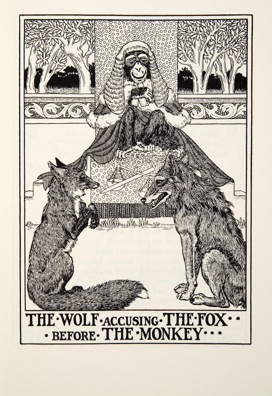 O lobo acusando a raposa antes do macaco, de Fontaine Fables, pub. 1905 de Percy J. Billingshurst