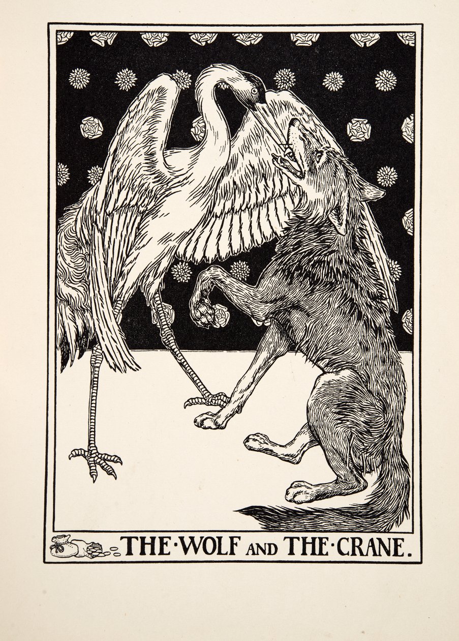 O lobo e o guindaste, de cem fábulas de Esopo, pub.1903 de Percy J. Billingshurst