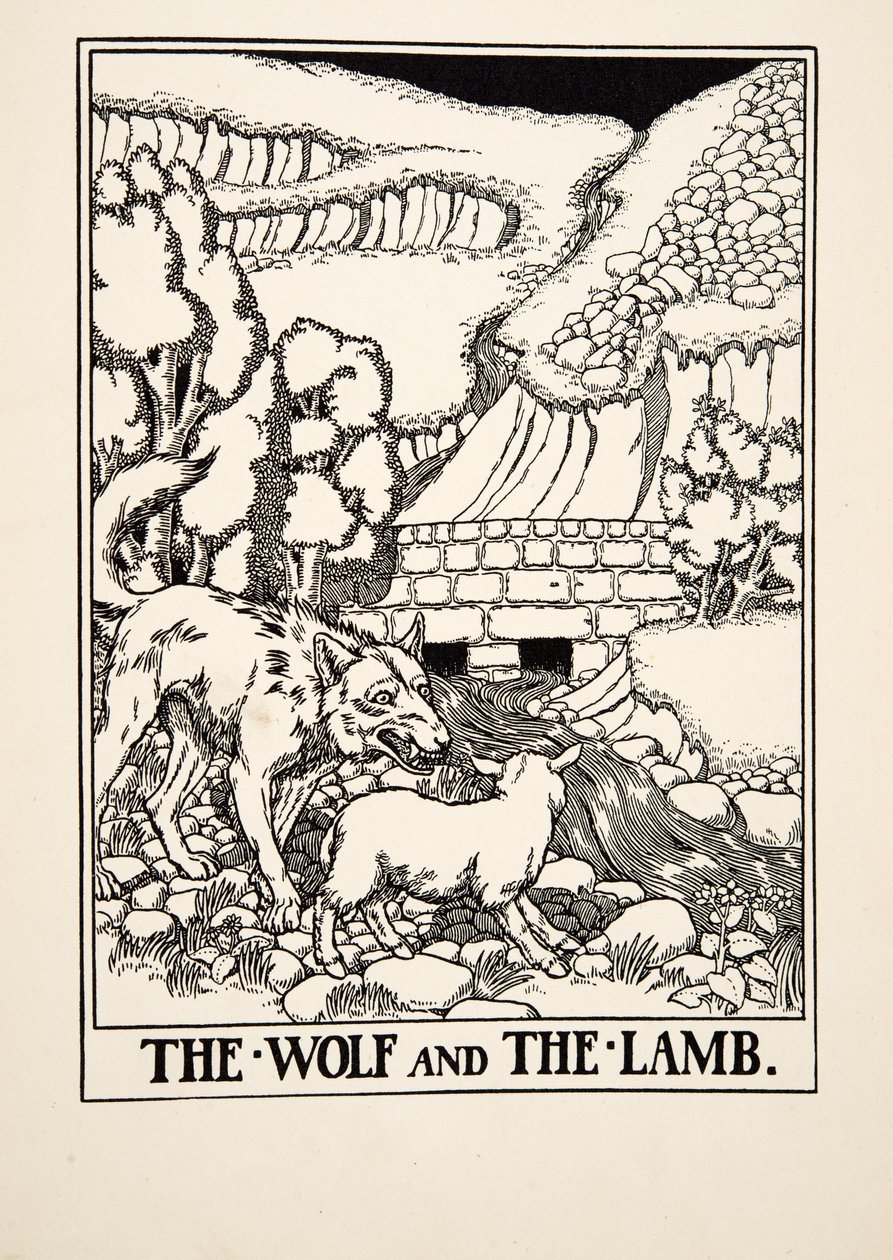 O lobo e o cordeiro, de cem fábulas de Esopo, pub.1903 de Percy J. Billingshurst