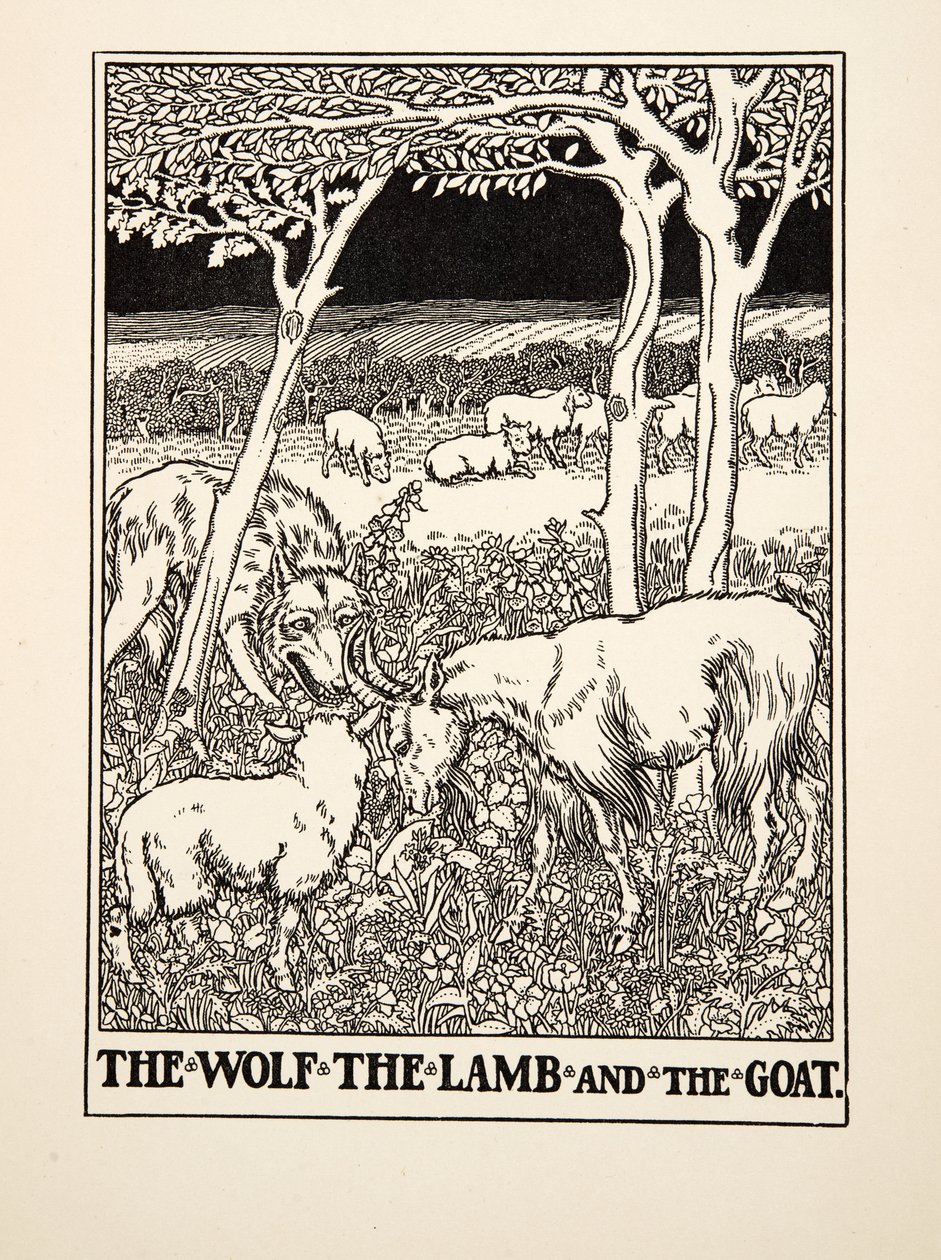 The Wolf, the Lamb and the Goat, from A Hundred Fables of Aesop, pub.1903 (gravura) de Percy J. Billingshurst