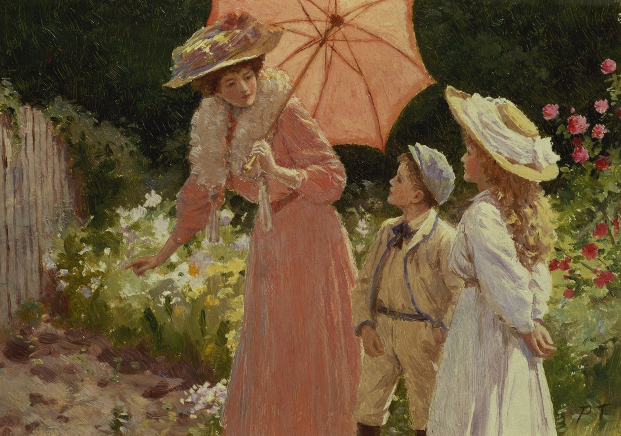 Uma Senhora com um Guarda-sol mostrando como fazer um Barril de Morangos de Percy Tarrant