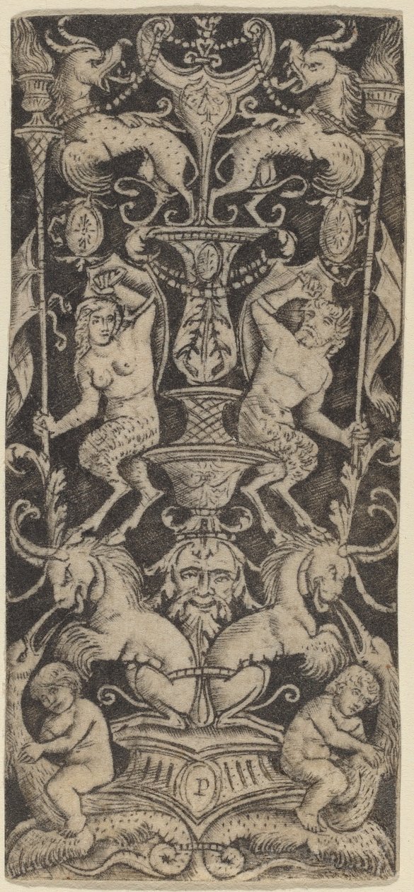 Painel de Ornamento com Duas Crianças Nuas em Bestas Monstruosas de Peregrino da Cesena