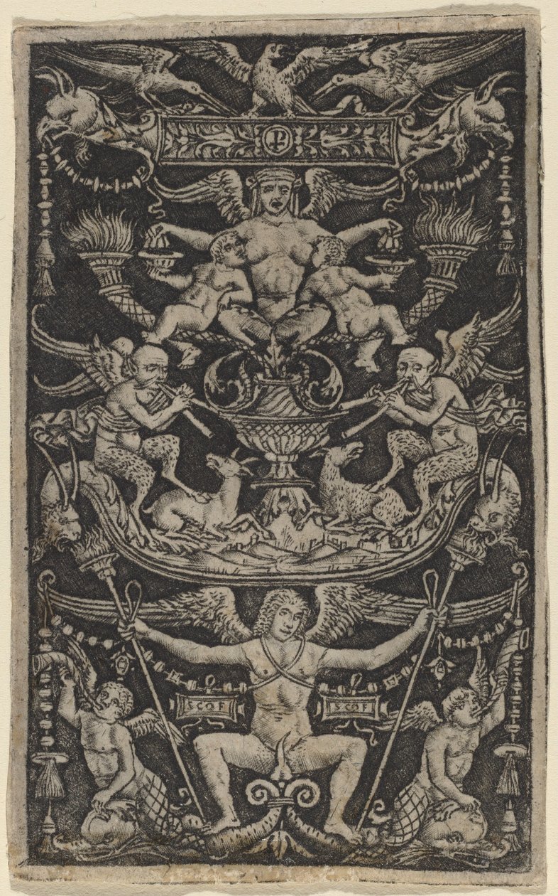 Painel de ornamento com uma sátira alimentando duas crianças de Peregrino da Cesena