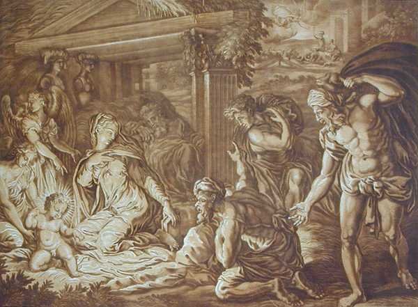 A Adoração dos Pastores, gravada por Elishah Kirkhall (1682-1742) 1724 (cor lito) de Perino del Vaga