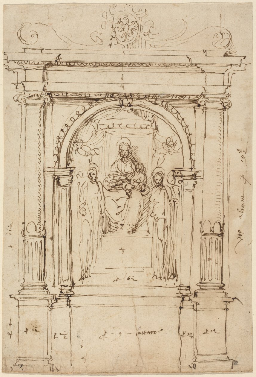Retábulo de Nossa Senhora com o Menino e os Santos, no seu enquadramento arquitetónico de Perino del (1501-47) Vaga