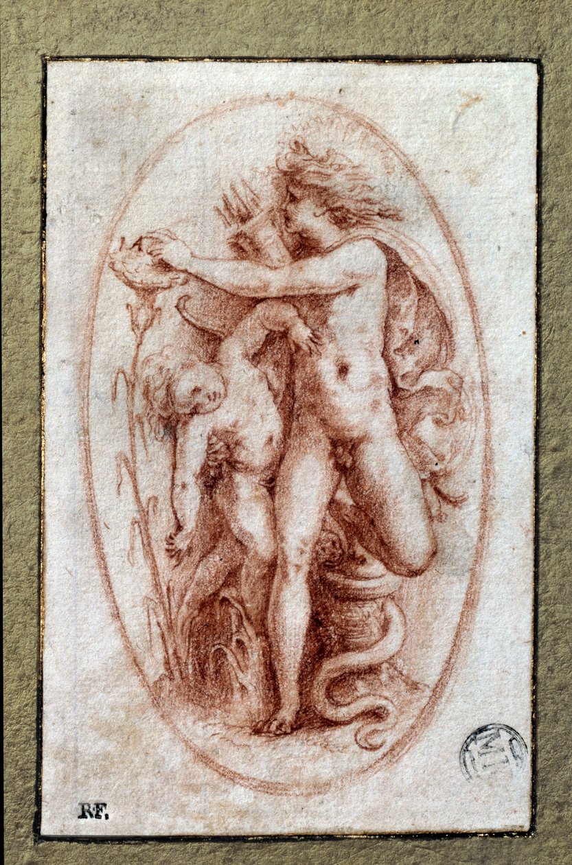 Apollo e Jacinto. Desenho a la sanguine de Pietro Buonaccorsi (1500-1546/47) também conhecido como Pierino del Vaga de Perino del Vaga