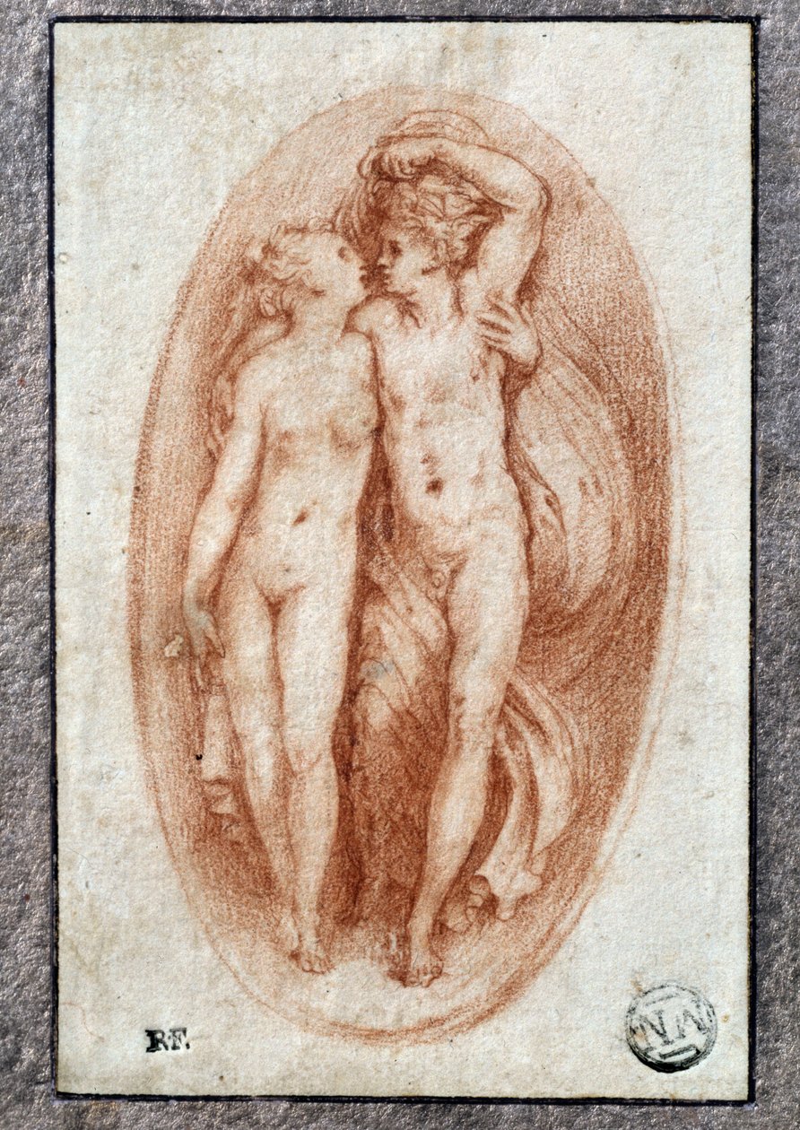 Um par de abraços. Desenho a la sanguínea por Pietro Buonaccorsi (1500-1546/47) também conhecido como Pierino del Vaga de Perino del Vaga