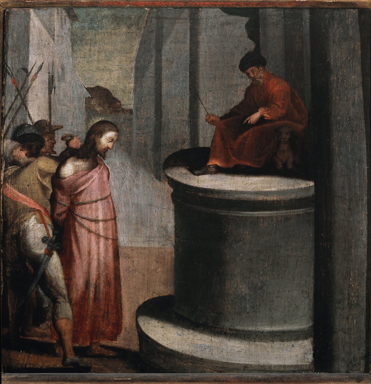 Paixão de Cristo: Jesus e Pôncio Pilatos (óleo sobre madeira de Perino del Vaga