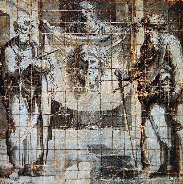 St. Veronica com a SS. Peter e Paul (caneta e tinta e lavagem em papel) de Perino del Vaga