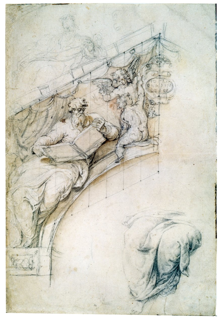 Decoração de uma parede sobre um arco de entrada com um Profeta e dois Puttos, c1525 de Perino del Vaga