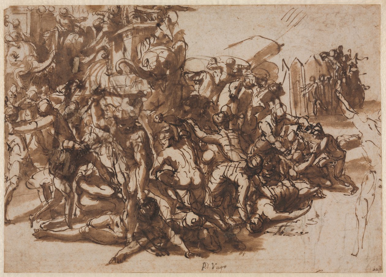Poros assaltado pelo exército macedônio reto, Sketches of Animals verso, c. 154547. de Perino del Vaga