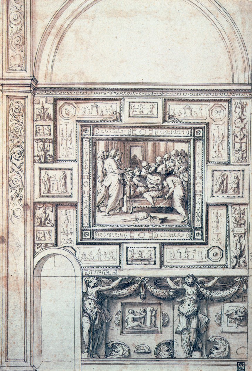 Projeto para decoração de parede de um cofre, do século XVI. de Perino del Vaga