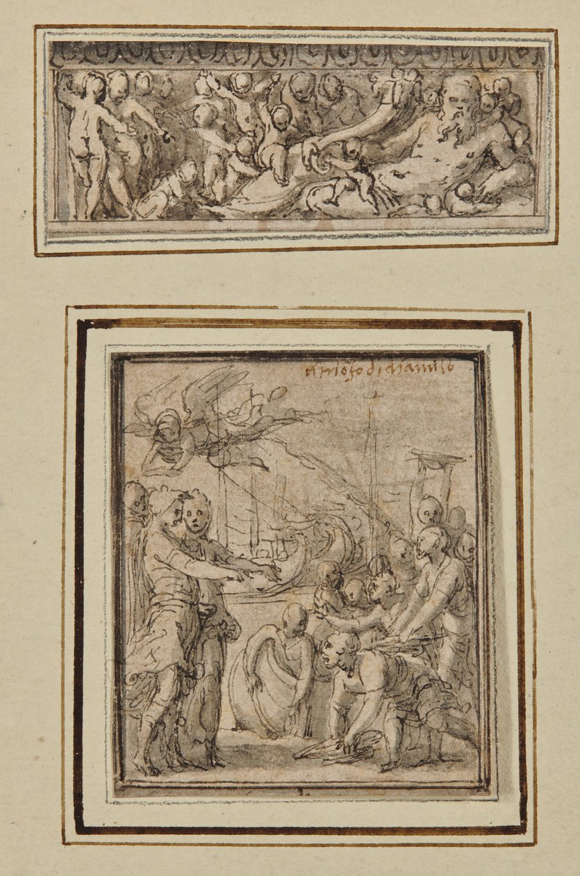 Deus do rio cercado por putti; e triunfo de Marcus Furius Camillus de Perino del Vaga